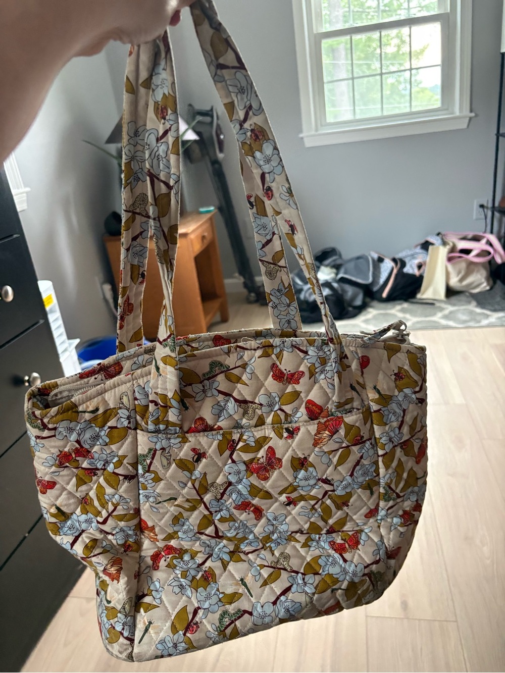 Floral Quilted Tote Bag in Beige with Multicolor Print